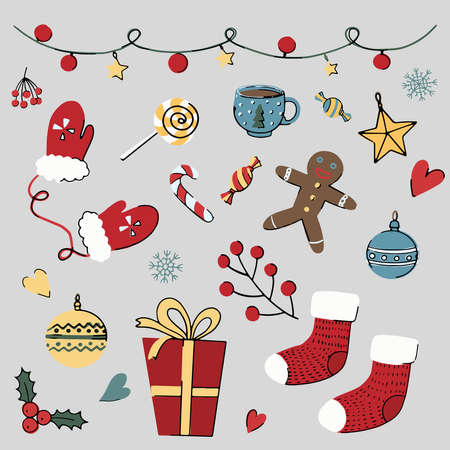 Set of Christmas and New Year elements: mittens, cookie man, coffee, cocoa, present, red socks, candy sweets, lights, berries, snowflakes. Hand drawn Vector illustration.の写真素材