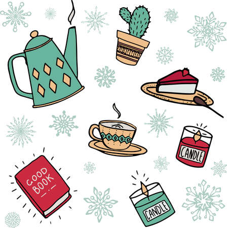 Set of Cute illustrations with autumn and winter hygge cozy elements: cheesecake, coffee, teapot, red book, candle, succulent. Isolated vector on white background. Scandinavian danish style.の写真素材