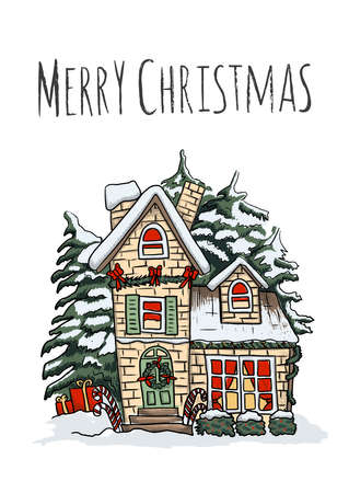 Merry Christmas house. Cartoon hand drawn vector illustration. Happy new year banner. Vintage style. Greeting card. Nature. Winter time.の写真素材