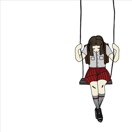 Sad lonely girl sits on swing alone. Hand drawn simple vector illustration with text stop bullying. Social problems of humanityのイラスト素材