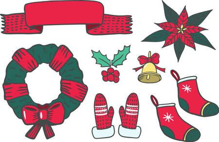 Print Christmas and New Year elements with cardinal birds, cookie men, xmas lights, hot cocoa and marshmallow, candies and bell. Hand drawn doodle Vector illustration.のイラスト素材