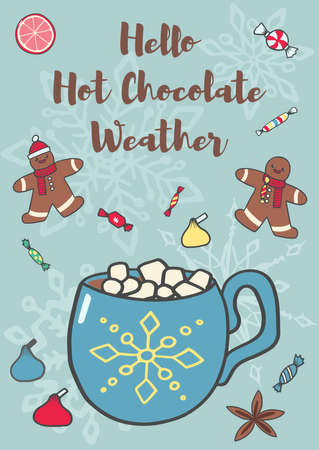 PrintVector postcard with cute christmas characters and elements. Doodle illustration. Winter holidays cards, posters, t shirt printのイラスト素材