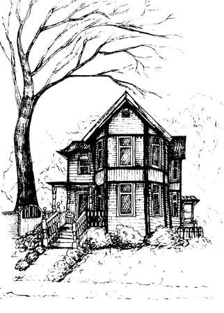 Cute hand drawn house. Watercolor pencils painting illustration, perfect for cards, posters, decorations and designの写真素材