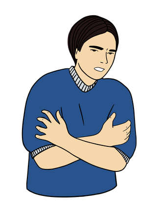 Human sick, ill or disease. Cartoon character demonstrating symptoms of freeze or chills. Flat vector illustration portrait. Element for design of infographic , guide, booklet, flyer or web siteのイラスト素材
