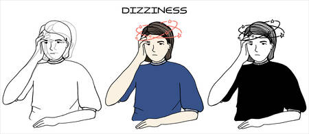 Collection of hand drawn simple Illustration of a young girl with headache and dizzinessのイラスト素材