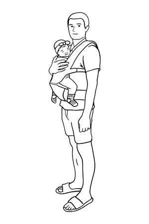 Hand drawn adorable baby and father line silhouette. Cute simple vector illustration. Happy daddy carry her infant in sling. Perfect for cards, posters, design, booklet, website, articleのイラスト素材