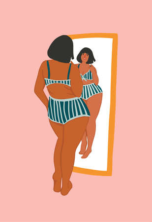 Happy plus size girl looks at herself in a mirror. Body positive concept. Attractive overweight woman. Concept For Fat acceptance movement no fatphobia. Vector illustrationのイラスト素材