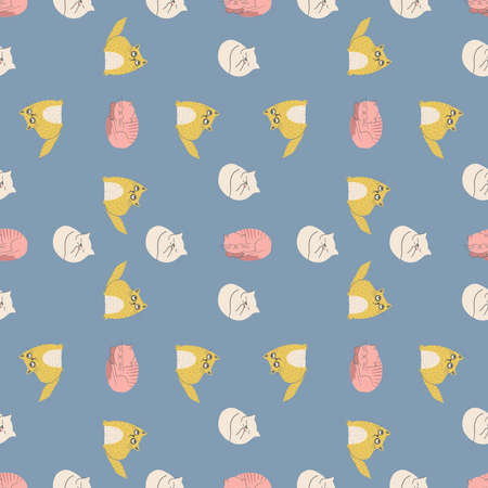 Hand drawn flat cute cats collection. Seamless pattern of kittens with different emotions and poses. Vector illustration for childish decoration clothes, patterns, stickers, cards, fabric, textileのイラスト素材