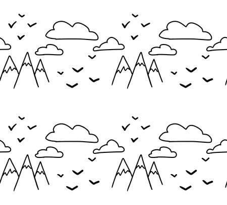 Cool modern seamless hand drawn geometric patterns. Vector abstract mountain, clouds and birds illustrationのイラスト素材