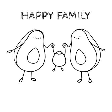 Cute cartoon avocado family, two parents and child. Parents holds child`s hands. Happy eco family concept. Funny adorable faces character drawing. Isolated vector illustration.のイラスト素材