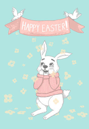 Happy Easter rabbit, white cute Bunny. Vector illustration on pink background. Perfect for gift card design, web sites, print on fabtic, textileのイラスト素材