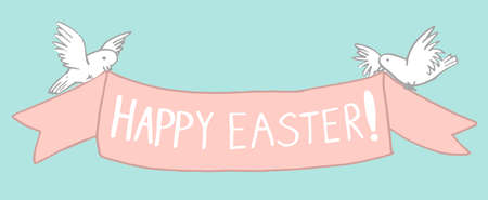 Vector Celebration banner. White Pigeons with classic ribbon and lettering on it Happy Easter. Hand drawn flat colorful illustration, perfect for cards, websites, invitationのイラスト素材