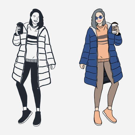 Vector fashion illustration of trendy modern girl with cup of coffee in green winter coat, sweatshirt and legging. Fall winter trendy collection. Flat Graphicのイラスト素材
