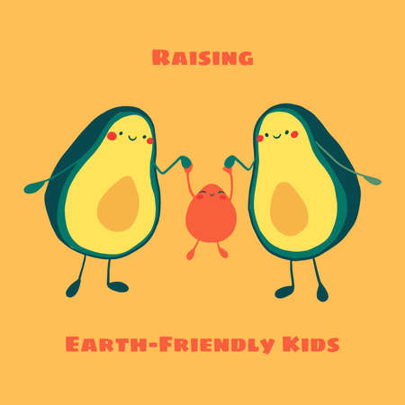 Cute cartoon avocado family, two parents and child. Parents holds child s hands. Happy eco family concept. Funny adorable faces character drawing. Isolated vector illustration with eco letteringのイラスト素材