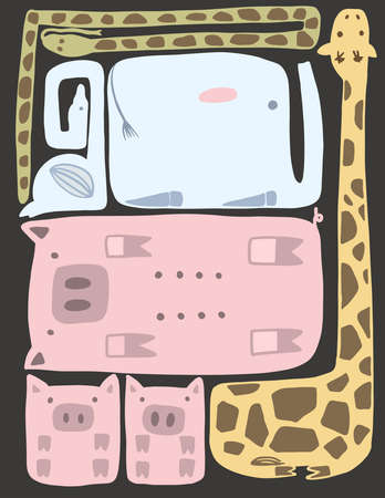 Set of geometric cute animals. Snake, giraffe, swan, pigs, elephant. Vector collection perfect for childish decoration clothes, patterns, stickers, cards, fabric, textile, t-shirt, blanketのイラスト素材