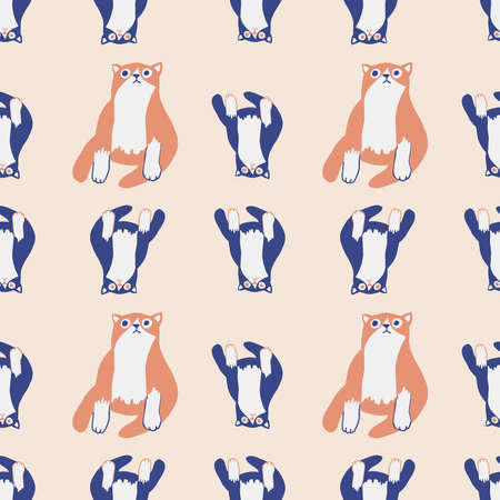 Hand drawn flat cute cats collection. Seamless pattern of kittens with different emotions and poses. Vector illustration for childish decoration clothes, patterns, stickers, cards, fabric, textileのイラスト素材