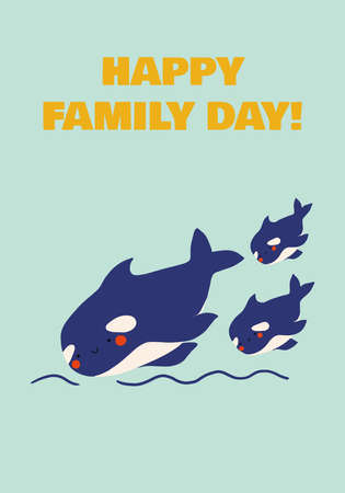 Cute flat killer whale drawing. Adorable little cartoon orca vector illustration. Childish rare animal wild ocean concept. Card for Happy family dayのイラスト素材