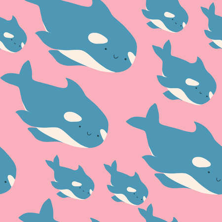 Cute flat killer whale seamless pattern. Adorable little cartoon orca vector illustration. Childish ornament for textile, fabric, print, wallpaper, wrap paperのイラスト素材