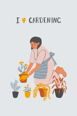 Hand drawn young girl plants flowers in pots. Cute woman transplants plants, doing gardening, preparation to spring. Home hobby, relaxation concept. Vector illustration for posters, cards, bannerのイラスト素材