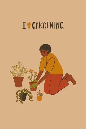 Hand drawn young girl plants flowers in pots. Cute woman transplants plants, doing gardening, preparation to spring. Home hobby, relaxation concept. Vector illustration for posters, cards, bannerのイラスト素材