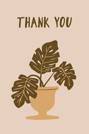 Hand drawn card or poster with plants, herbs, flowers and lettering With Love. Monstera, fern, ficus on beige background. Flat vector illustration for printのイラスト素材