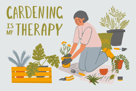 Hand drawn young girl plants flowers in pots. Cute woman transplants plants, doing gardening, preparation to spring. Home hobby, relaxation concept. Vector illustration for posters, cards, bannerのイラスト素材