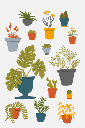 Collection of clipart with Hand drawn plants and flowers in pots. Cute woman transplants plants, doing gardening, preparation to spring. Home hobby, relaxation concept. Vector illustration for posters, cards, bannerのイラスト素材