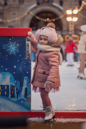 a little girl in skates on ice, watches how they skate, dreams of figure skatingの写真素材
