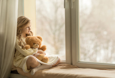 The girl sits on the windowsill with a toy and looks out the windowの写真素材