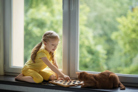 Beautiful girl on the windowsill plays checkers with a catの写真素材