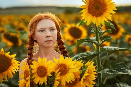 beautiful girl with red hair and freckles stands in a field with sunflowersの写真素材