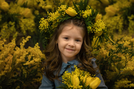 Beautiful girl with a bouquet of mimosa flowers. close-up portraitの写真素材