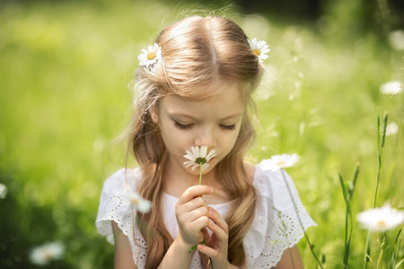 Portrait of little preschool girl with daisy flowers in long blond hairs. Children outdoors with daisies flower. Summer concept.の写真素材