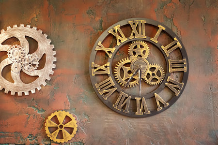 Wall clock with clockwork gears in the form of clock parts