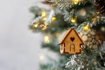 Christmas tree toy in the form of a house on a branch. Copy space. Concept house insurance, house gift. Christmas mood background. Family budget. Mortgage buying real estate.の写真素材