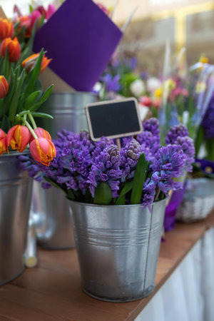 A bouquet of purple hyacinths in a tin bucket in a flower shop.