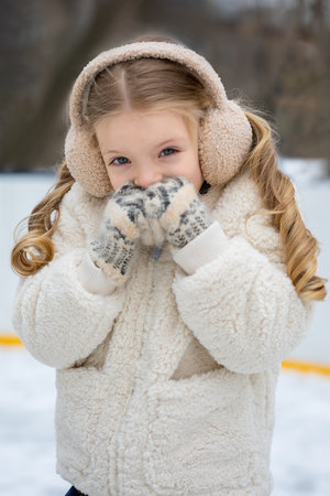 Outdoors close up portrait of a little girl covers her cheeks to keep warm. Cold weather.の写真素材