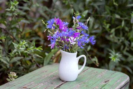 A bouquet of cornflowers in a white ceramic jug standing on an aged wooden table against the backdrop of lush green foliage of the garden.の写真素材