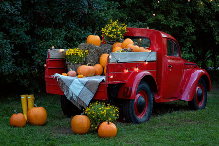 A vintage red classic old truck filled season flowers hay and festive fall orange pumpkins.の写真素材