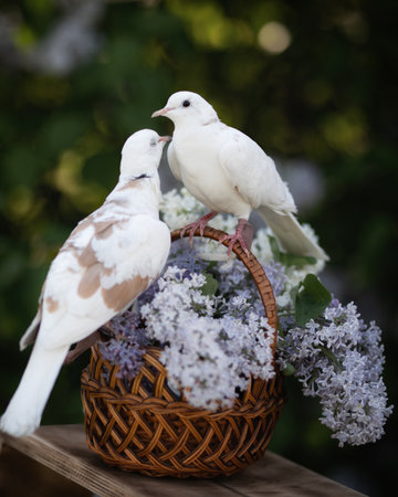 two domestic pigeons cooing on a basket of lilac flowersの写真素材