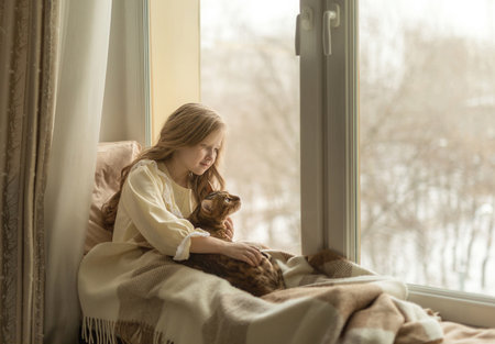 girl sits on the windowsill by the window with a catの写真素材