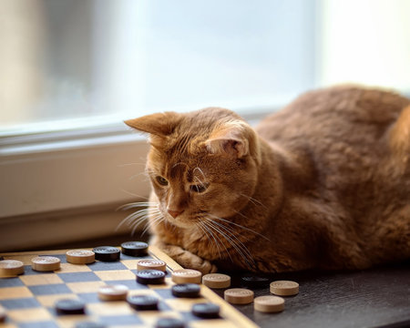 red cat playing checkers on the windowsillの写真素材