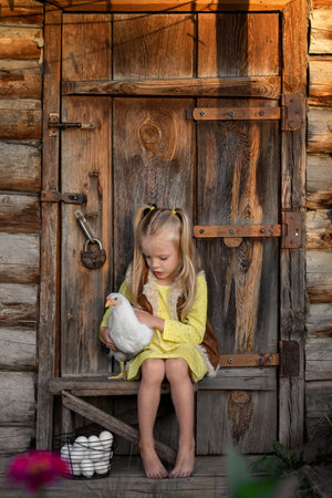 Little girl sits with a white chicken by a barn in the countryside. Animal care.の写真素材