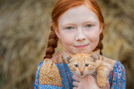 redhead girl holding a ginger kitten in her armsの写真素材