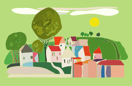 Abstract drawing of the village with small houses on a green backgroundのイラスト素材