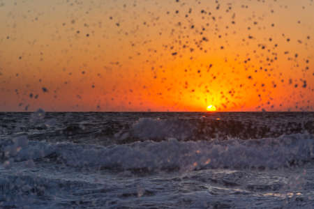 Sunset and storm at sea. Large waves against the background of the setting sun. Summer storm on the...