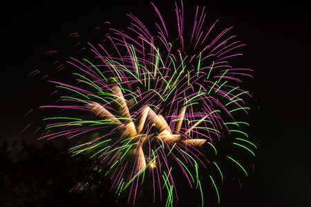 Fireworks against the night sky. Colorful fireworks display. Beautiful abstract drawing. new year celebration. Happy mood.の写真素材