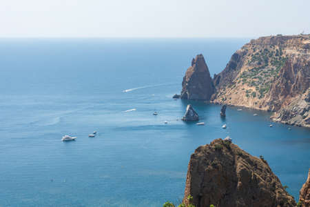 Cape Fiolent Sevastopol Crimea view of the sea and the beach from above from the observation deck. A popular tourist destination on the Black sea. Beautiful landscape with turquoise water and rocks.の写真素材