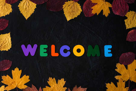 Welcome, autumn. The inscription is made of colored wooden letters. Top view of the autumn composition of leaves. Multicolored letters and leaves on a black background.の写真素材