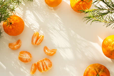 Christmas composition of tangerines and Christmas trees. Bright holiday card. Top view of tangerines and Christmas tree branches. New year's design. Beautiful shadows from the sun on a white table.の写真素材